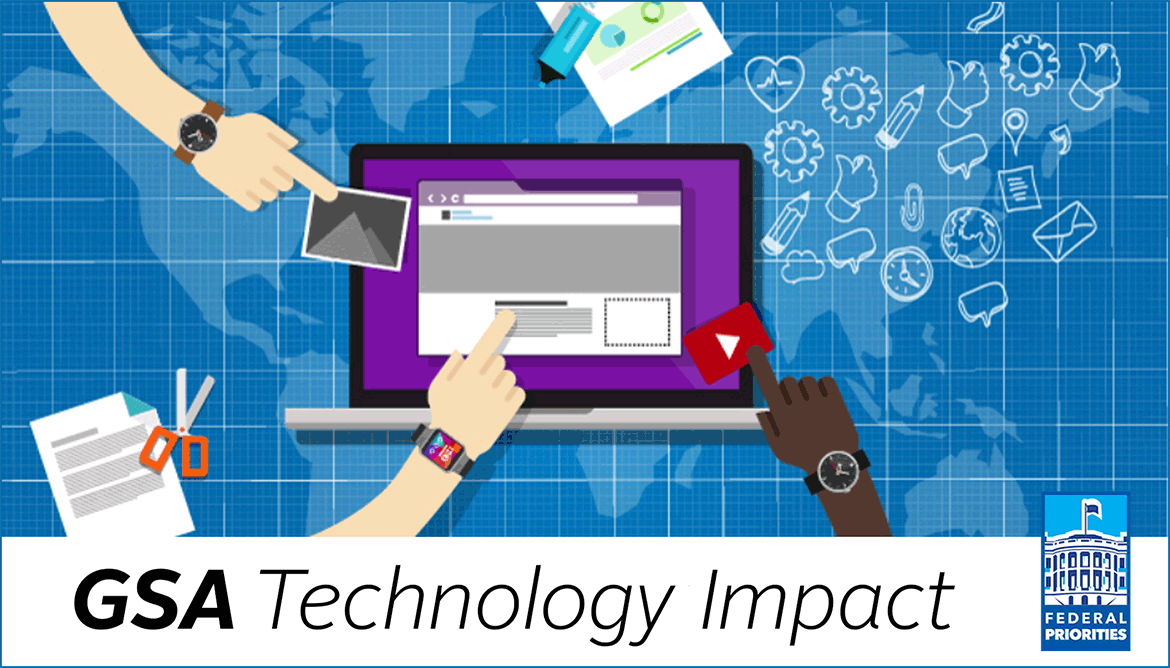 Sylized illustration of a laptop with browser, and three hands reaching for it, and a blue gridded background with many icons and a piece of paper and scissors, with text GSA Technology Impact