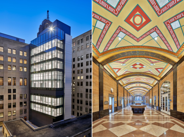Composite photo of Detroit's Levin Courthouse exterior stair tower at night and renovated interior lobby with ceiling-floor artistic design