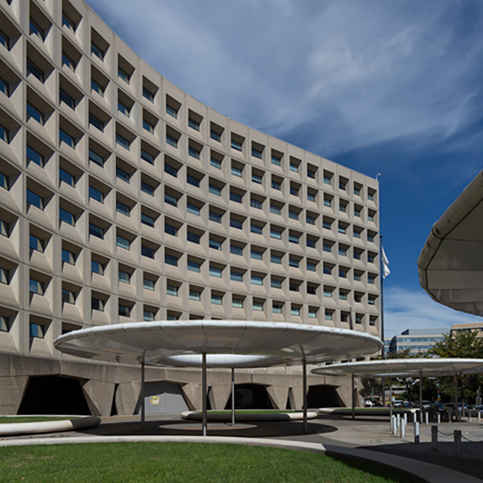 Exterior, Robert C. Weaver Federal Building, Washington, DC. An example of Mid-Century Modern style architecture.