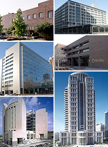 A collage with six photos of multi-story buildings