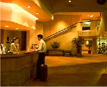 Hotel Lobby with guest at front desk