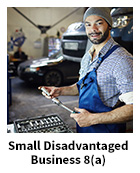 Small Disadvantaged Business 8(a) slide, with smiling man working in a garage