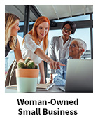 Woman-Owned Small Business slide, with four women meeting around a laptop in an office