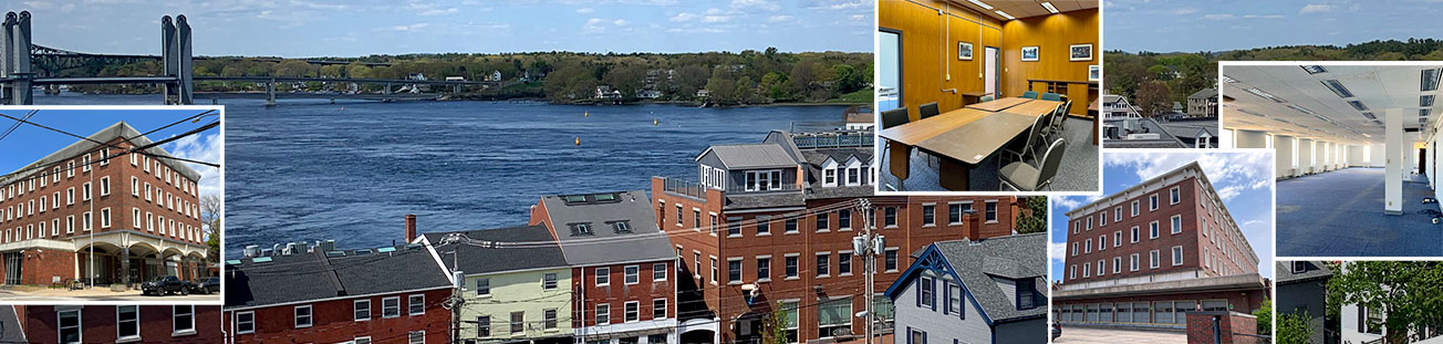 Collage of images showing a four-level red brick building and some interiors on top of a background photo with a water