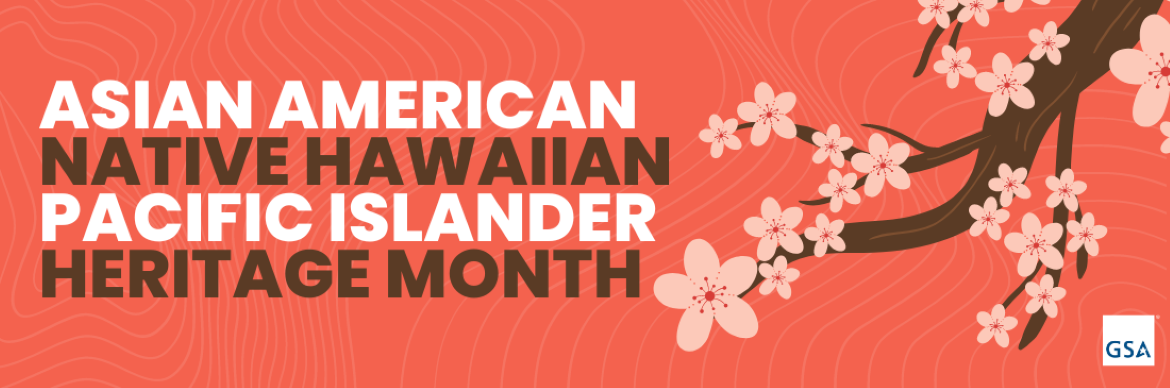 Asian American Native Hawaiian Pacific Islander Heritage Month written in text with an orange background with flowers