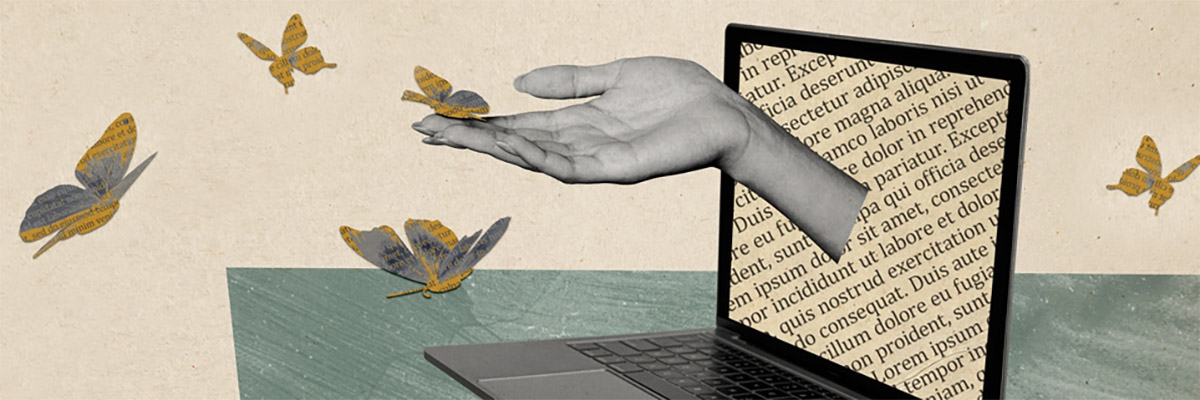 A digital photo collage with a hand extending from a laptop screen, with butterflies