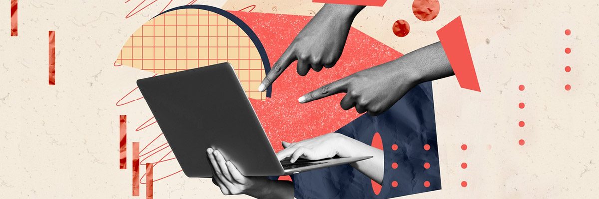 Digital collage with hands pointing to a laptop, with geometric elements surrounding