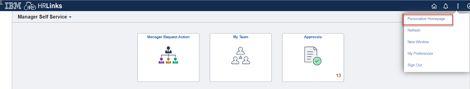 Screenshot of the Manager Self Service homepage with the Personalize Homepage option highlighted