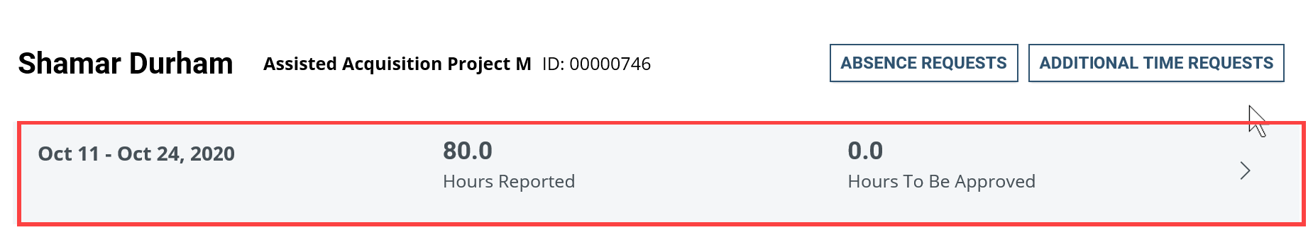 Screenshot of the employee timesheet page with current pay period showing