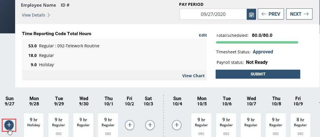 Screenshot of the employee timesheet page with add button highlighted
