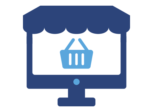 Icon of a small building with shopping basket in blue for small business
