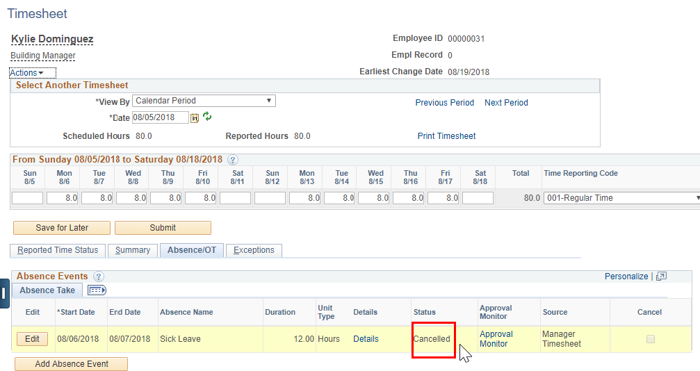 Screenshot of the employee’s timesheet with cancelled status highlighted