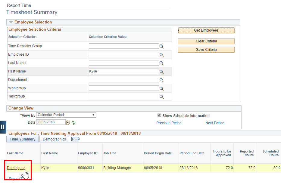 Screenshot of the timesheet summary with Get Employees name highlighted