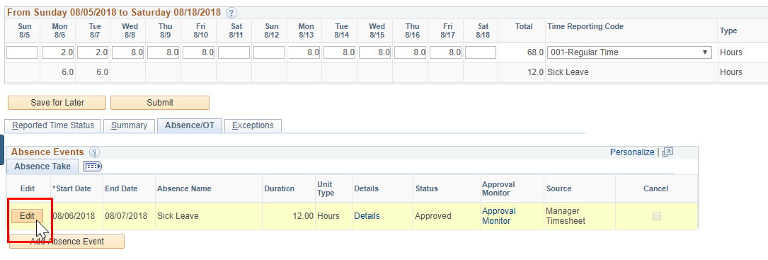 Screenshot of the employee’s timesheet with edit button highlighted