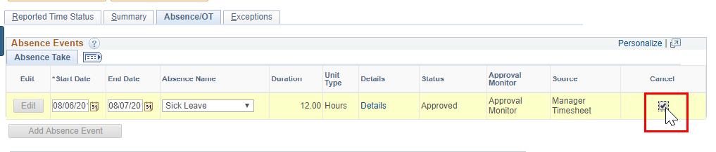 Screenshot of the employee’s timesheet with cancel highlighted