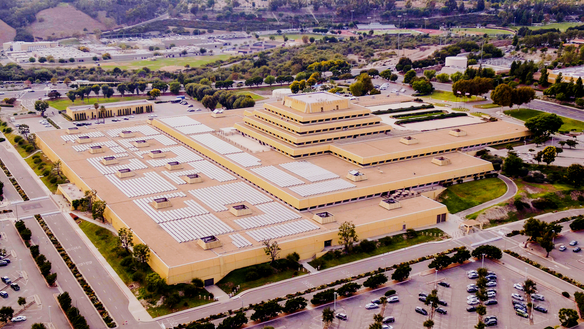 Aerial View of Chet Holifield Federal Building. A unique Zigguart building style