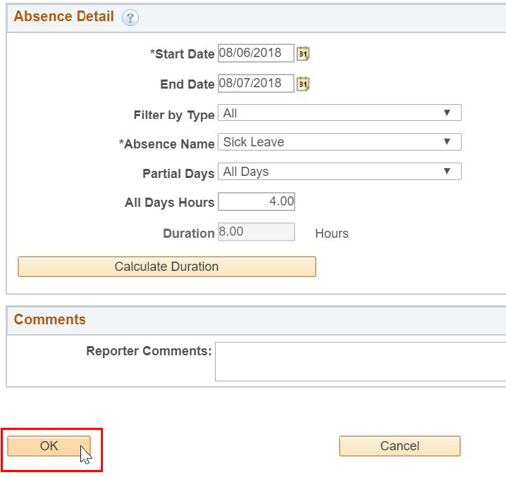 Screenshot of the Absence Event Details screen with the OK button highlighted