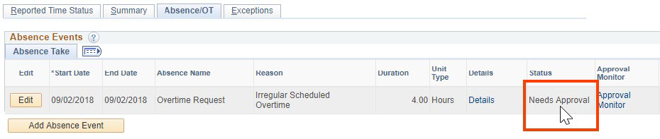 Screenshot of the absence event with the needs approval button highlighted