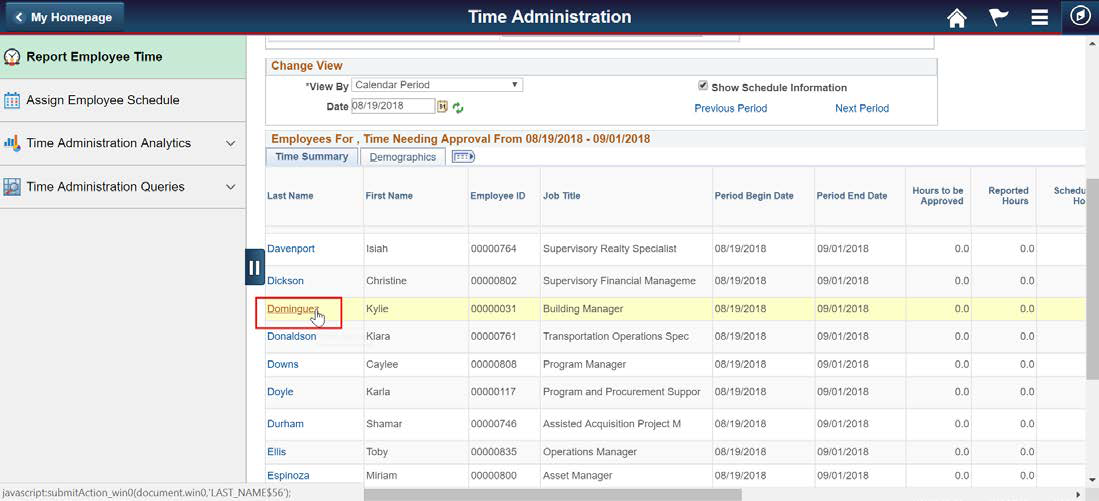 Screenshot of the Time Administration with employees name selected