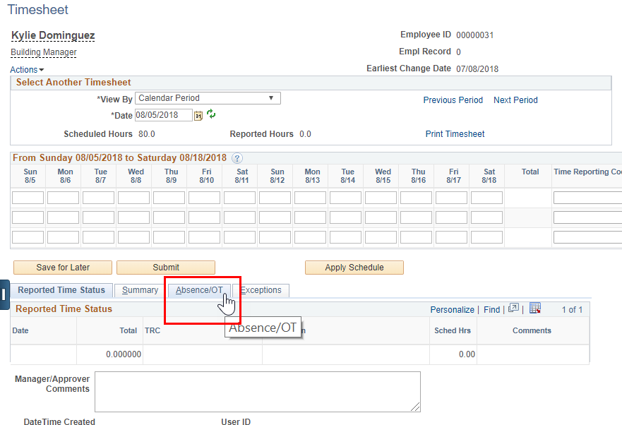 Screenshot of the employees timesheet with Absence/OT button highlighted