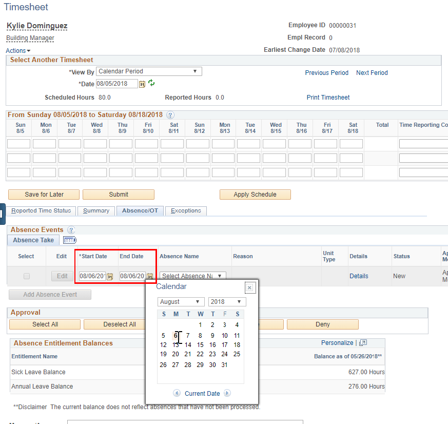 Screenshot of the employees timesheet with Start and End Date buttons highlighted