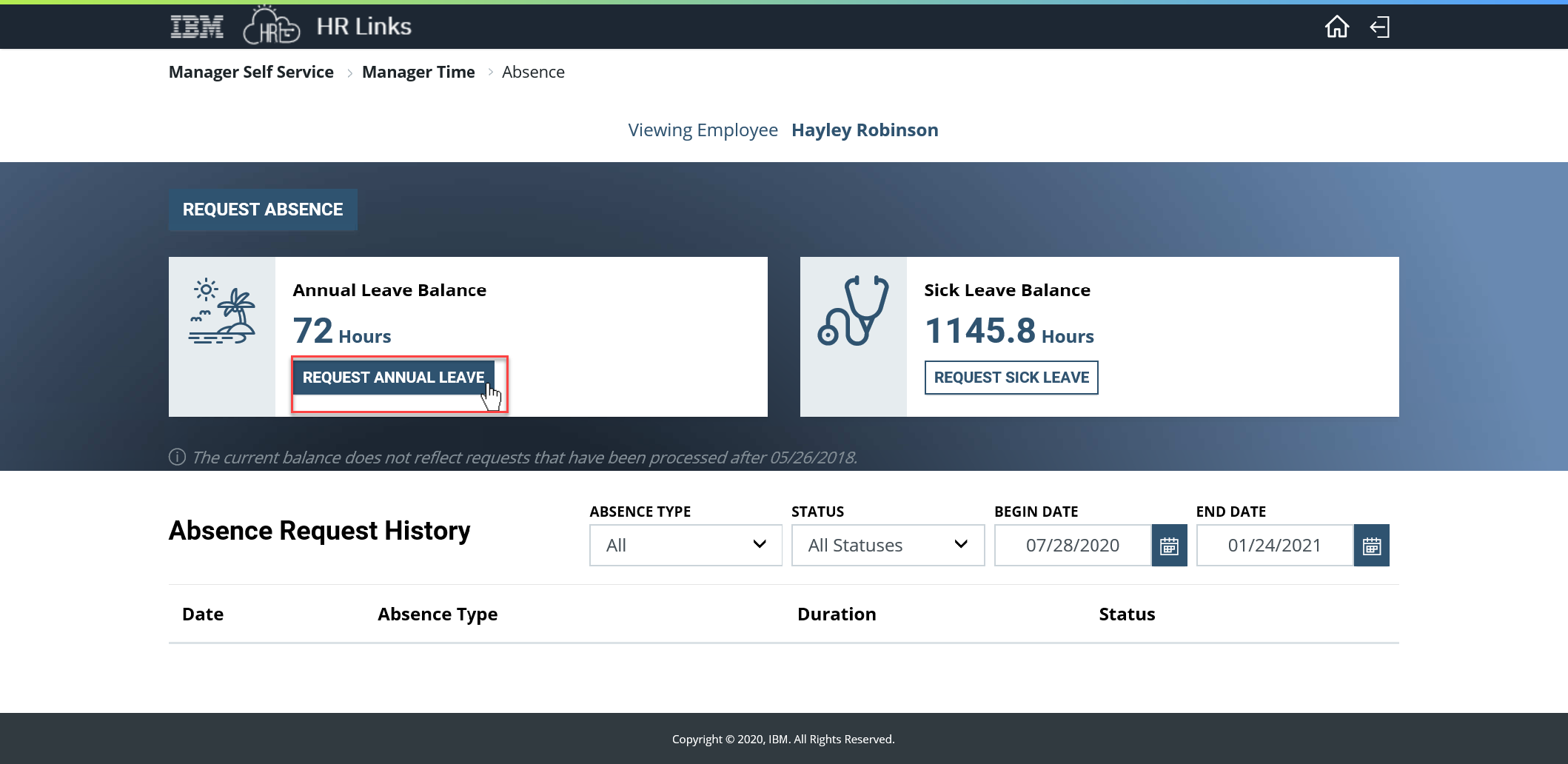 Screenshot of the Request Absence page with Request Annual Leave highlighted