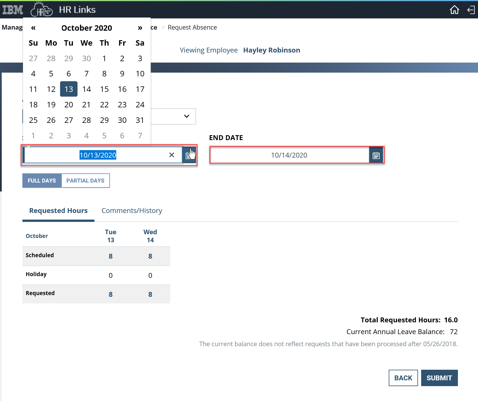 Screenshot of the Request Absence page with Start Date and End Date highlighted