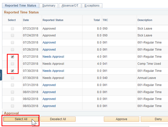 Screenshot of the reported time status with select all highlighted