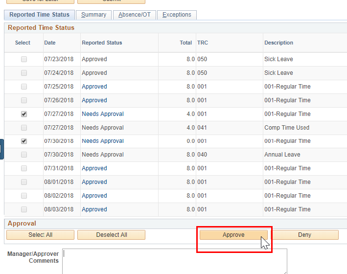Screenshot of the reported time status with approve highlighted