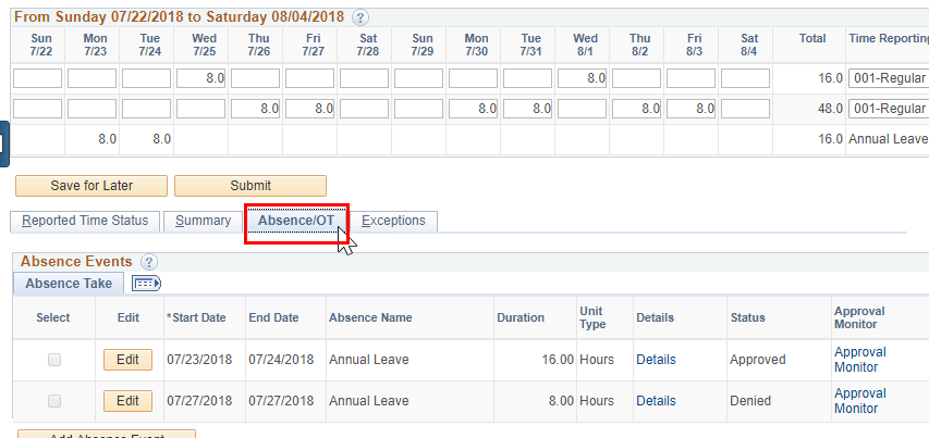 Screenshot of the employee page with the Absence/OT tab highlighted