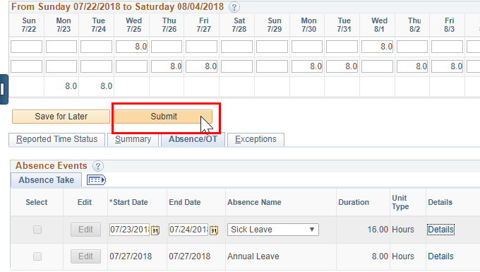 Screenshot of the employee page with the Submit button highlighted