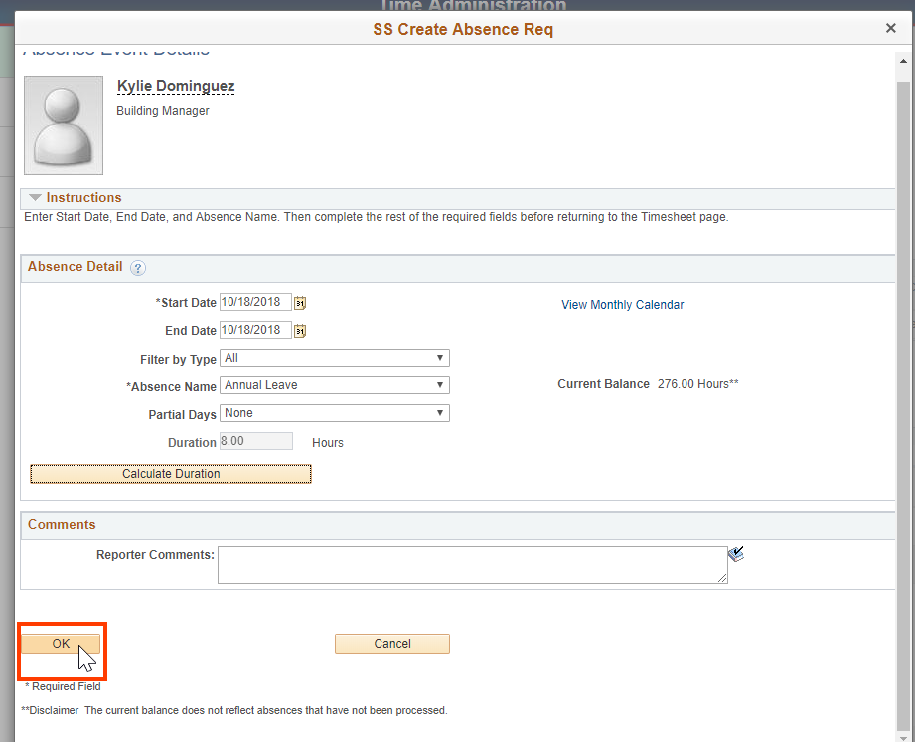Screenshot of the employees page with ok button highlighted