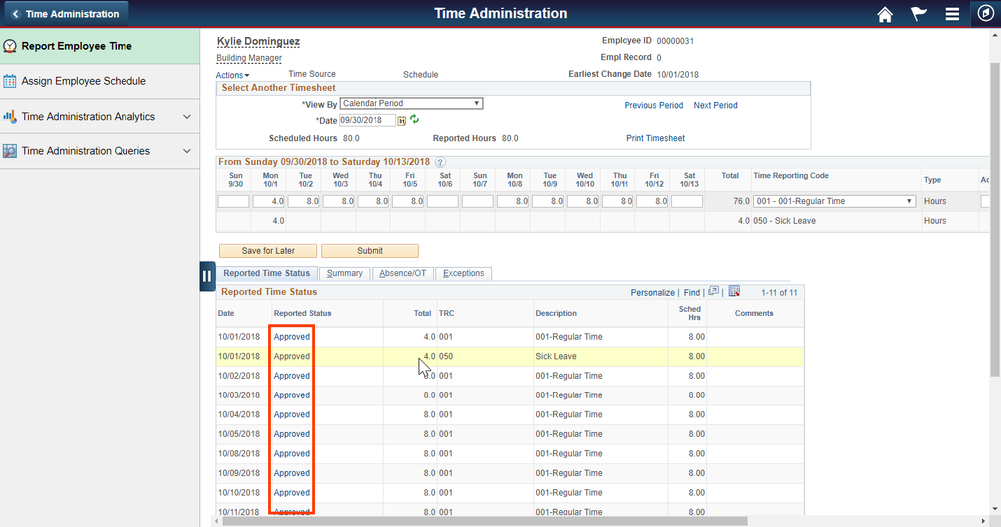 Screenshot of the time administration page with the approved highlighted