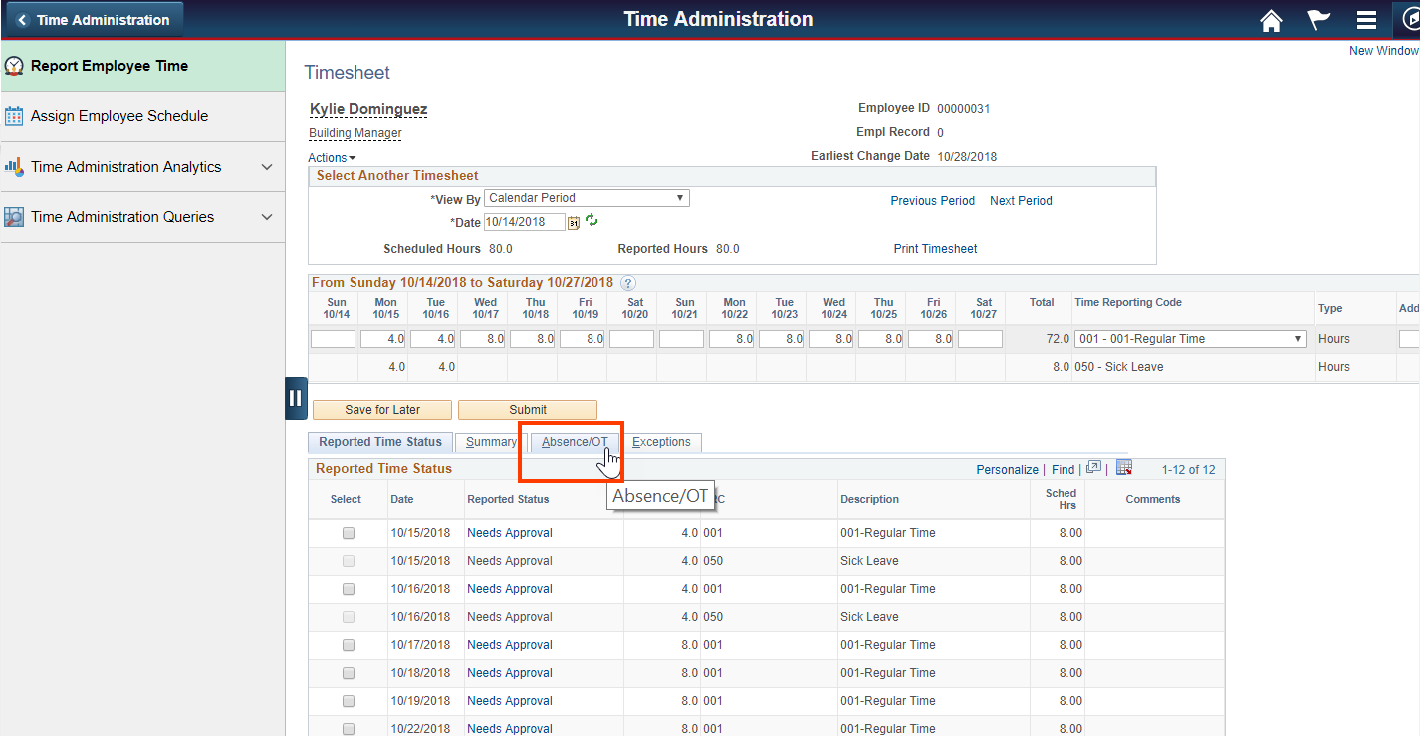 Screenshot of the Report Employee Time tab with Absence/OT tab highlighted
