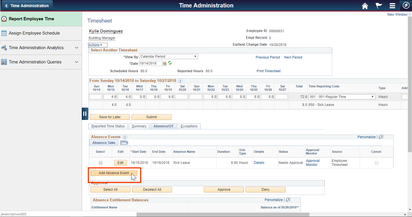 Screenshot of the Report Employee Time tab with Add Absence Event button highlighted