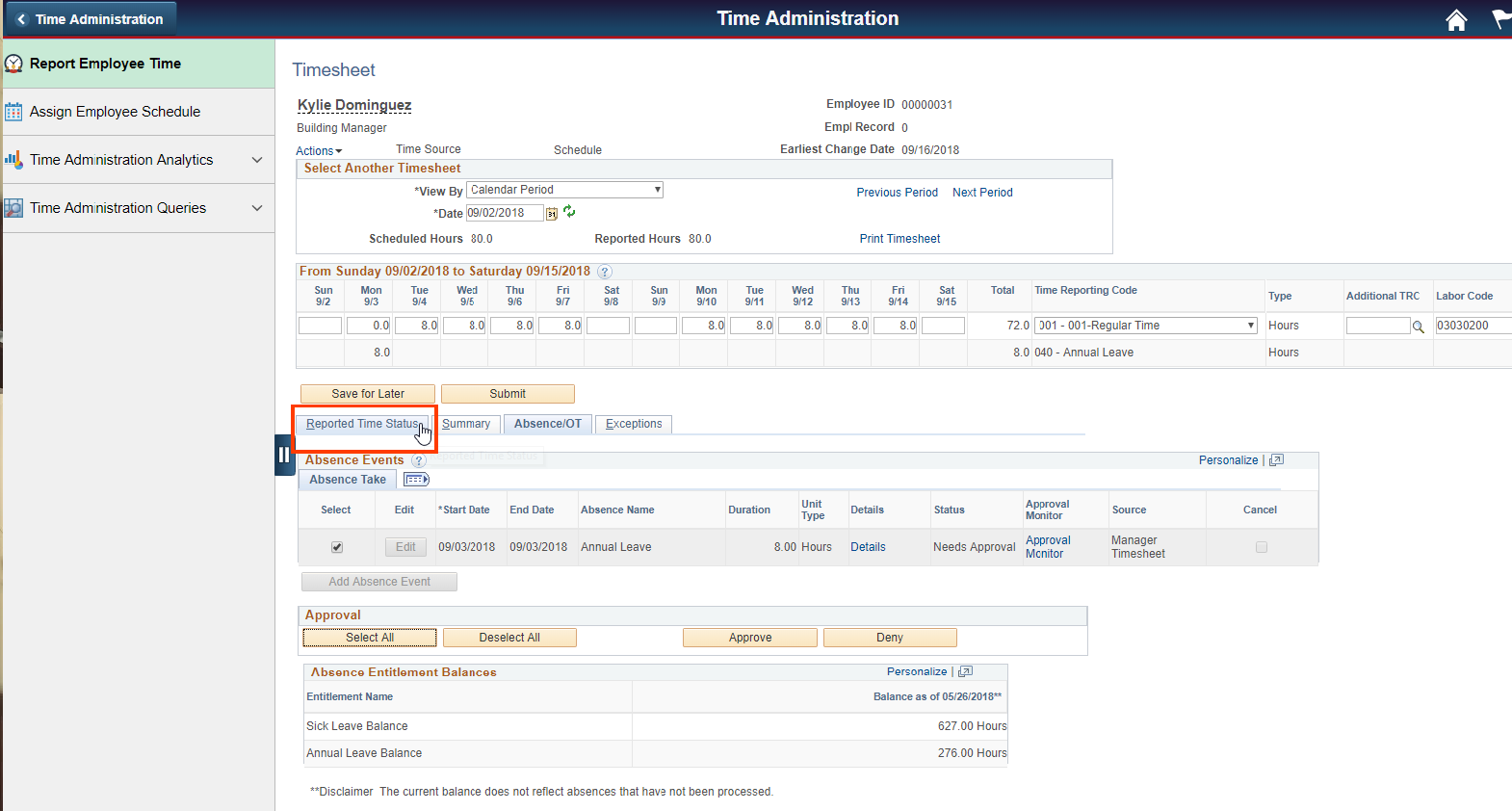 Screenshot of the Report Employee Time tab with the Reported Time Status tab highlighted