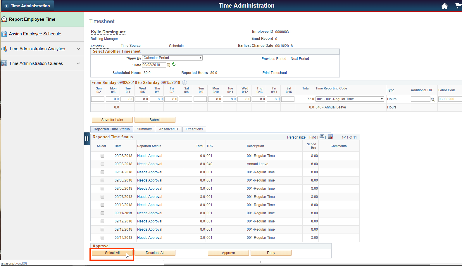 Screenshot of the Report Employee Time tab with the Select All button highlighted