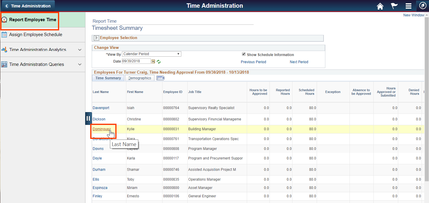 Screenshot of the Report Employee Time tab with employee highlighted
