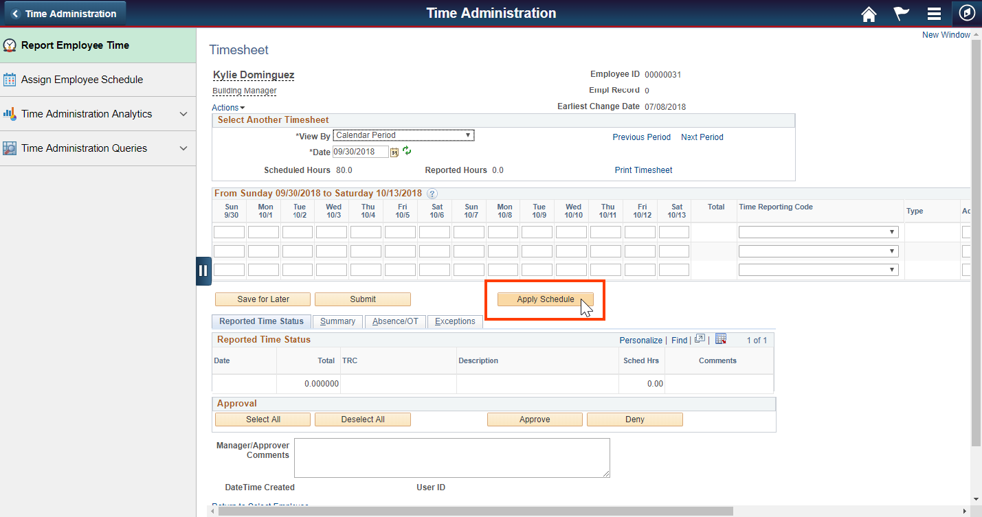 Screenshot of the Report Employee Time tab with Apply Schedule button highlighted
