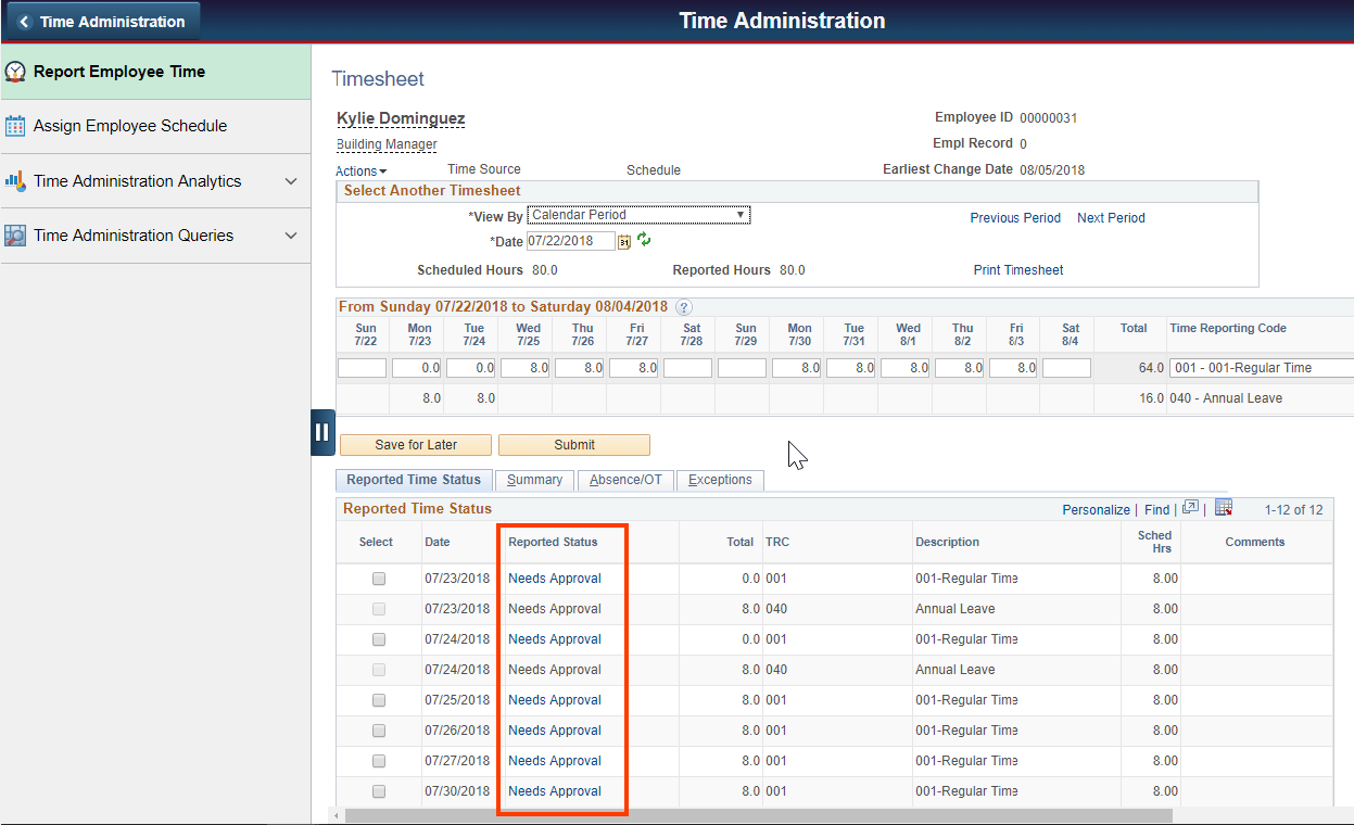 Screenshot of the Time Administration with needs approval column highlighted