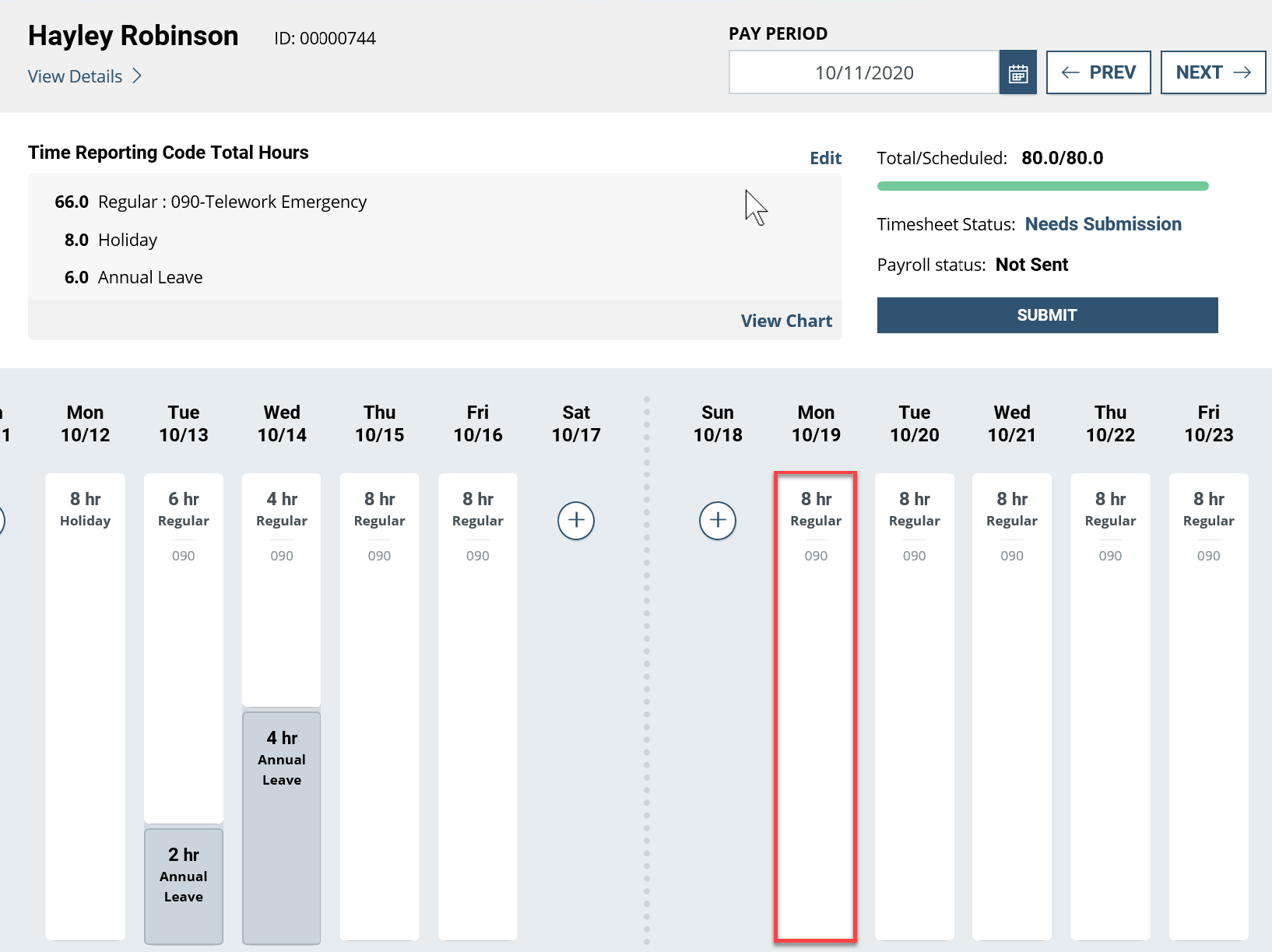 Screenshot of the employee screen with Monday highlighted