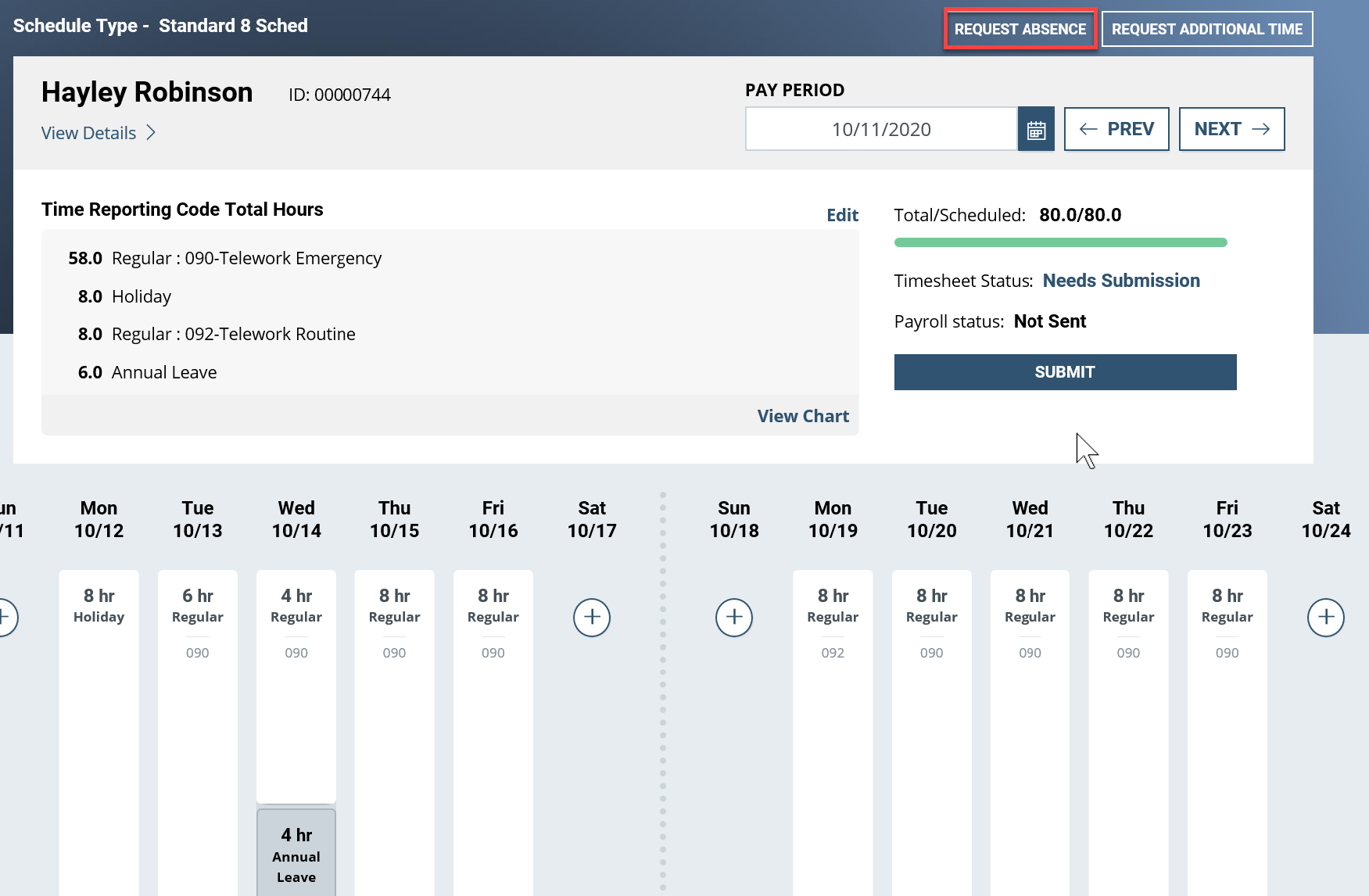 Screenshot of the Employee screen with requested Absence highlighted