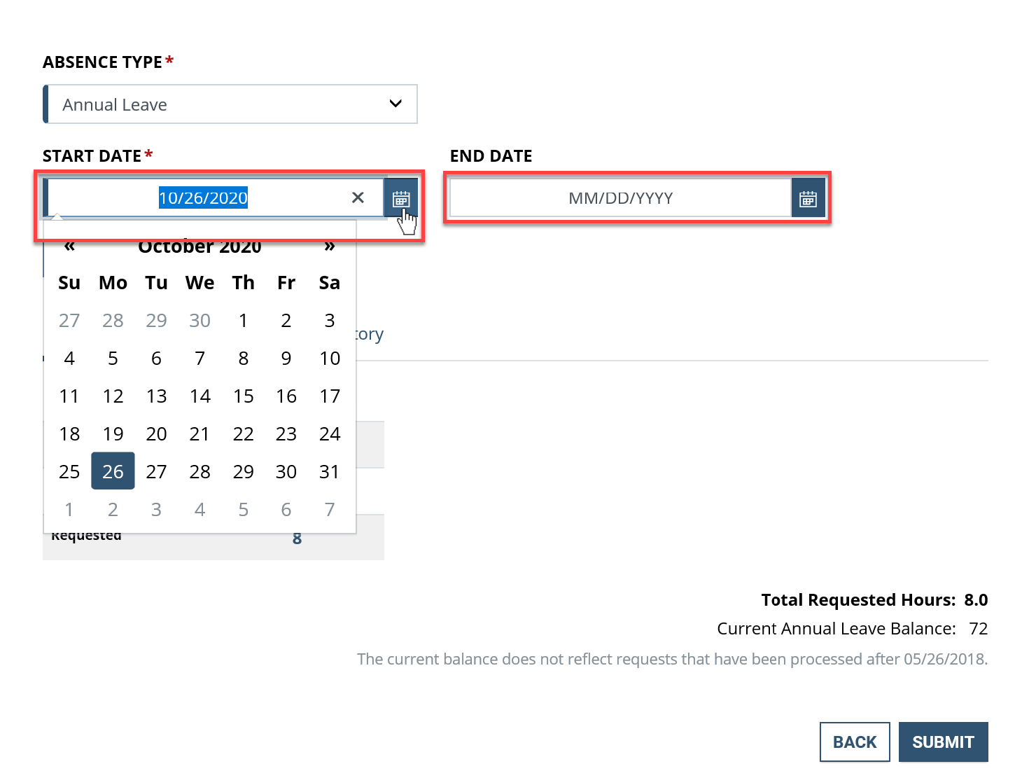 Screenshot of the Absence Type dialog box with Start and End Dates highlighted
