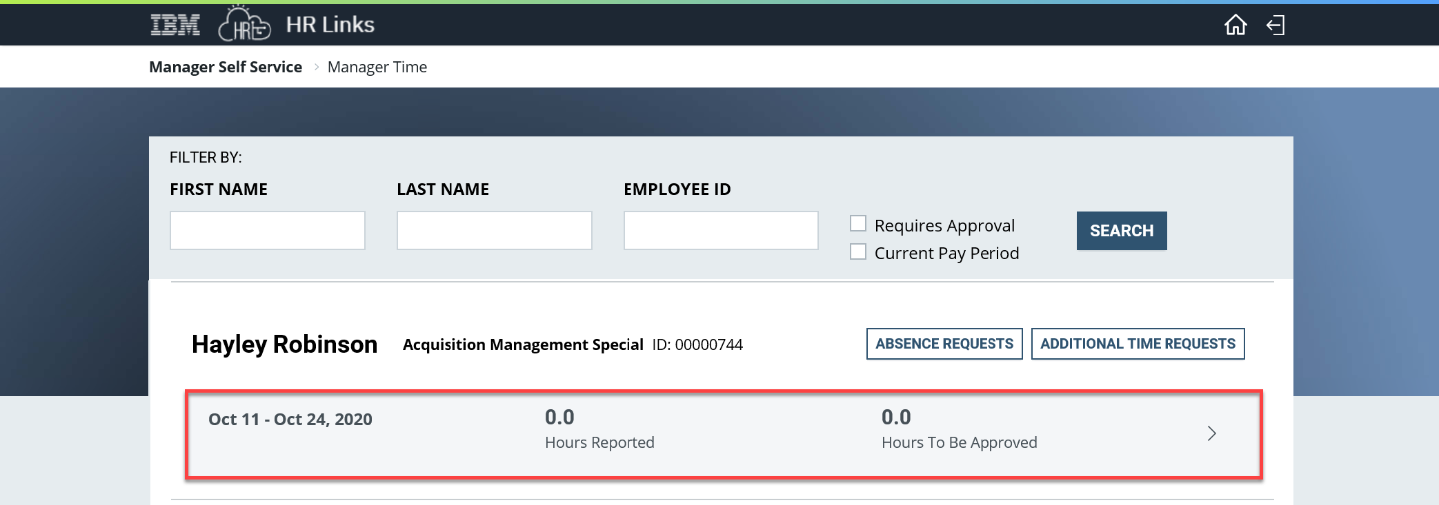 Screenshot of the Manager Time page with the employee time highlighted