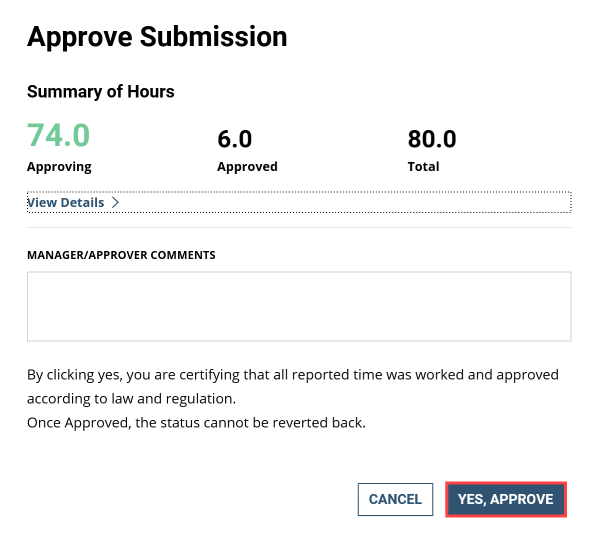 Screenshot of the Approve Submission with Yes, Approve button highlighted