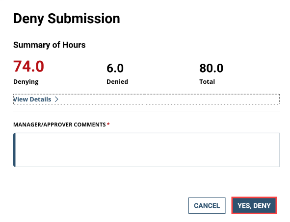 Screenshot of the Deny Submission with Yes, Deny button highlighted