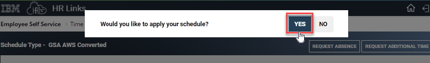 Screenshot of the Manager Time popup with the Would you like to apply to your schedule? question with the Yes button highlighted