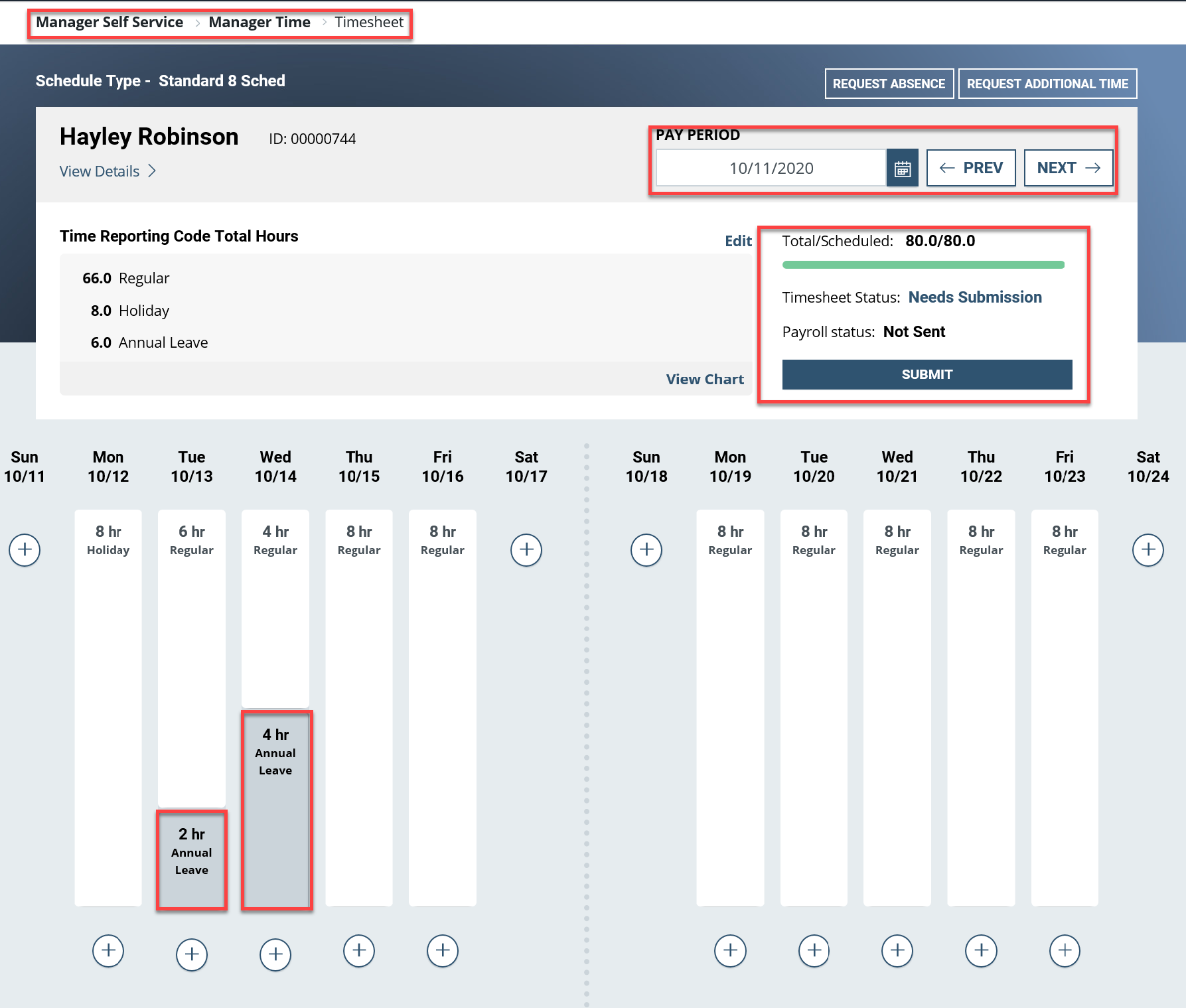 Screenshot of the Manager Time page with pay period and edit areas highlighted