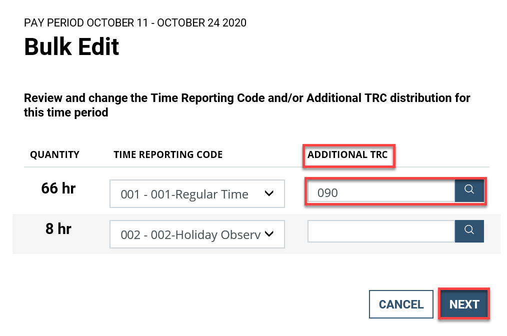 Screenshot of the Bulk Edit popup with Additional Time Reporting Code highlighted