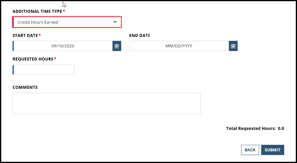 Screenshot of Additional Time page with Credit Hours Earned highlighted